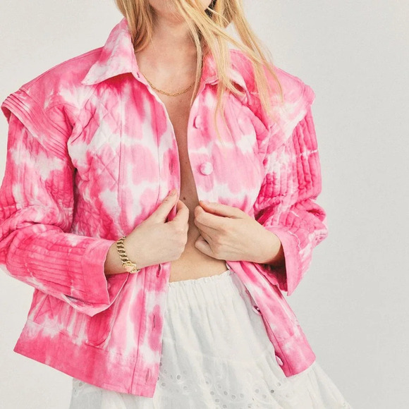 LoveShackFancy Adelade Pink Tie Dye Bohemian Preppy Button Down Denim Jacket - Picture 1 of 12